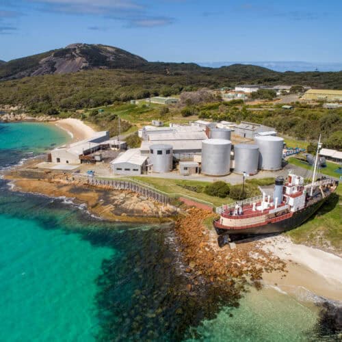Aerial of albany whaling station on edge of beach