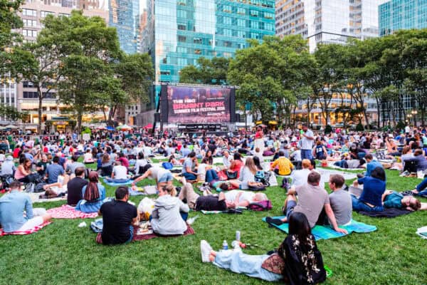 NEW YORK,USA - AUGUST 22,2016 : Newyorkers and tourists enjoying the Bryant Park Summer Film Festival