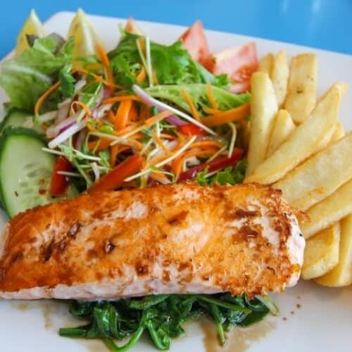 plate of salmon and chips