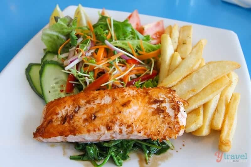 plate of salmon and chips