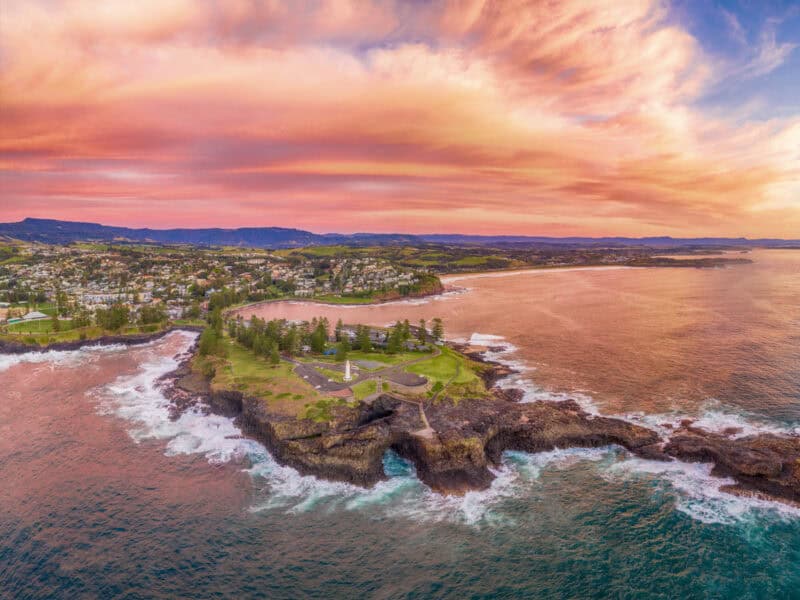 Aerial overlooking Kiama Blowhole Point, Kiama at sunset
